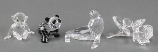 3 Swarovski animals - Panda cub 2", seal 3" monkey 2" and a rose group 3" 