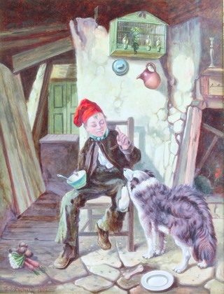 G J Polhill 1902, oil on board, an interior scene with a boy and dog 15" x 8 1/2" 