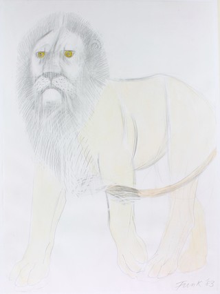 Dame Elisabeth J Frink CH. DBE. RA. (1930-1993).  From the estate of the late Frank Finlay CBE, mixed media on paper, signed and dated '83, study of a walking lion 31" x 22 1/2" together with a Woodland House handwritten letter by the artist  