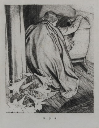 Robert Austin RA, engraving mother beside a cot 6" x 5", labels on verso 