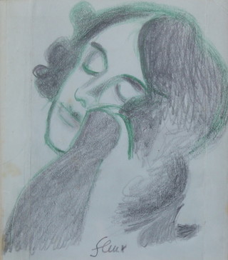 P Nash, mixed media, stylish study of a lady "Fleur" 5" x 4 1/4", label on verso 