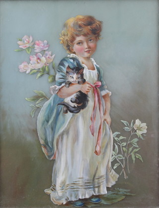 An Edwardian oil on glass, unsigned, young girl with kitten 10 1/2" x 8" 