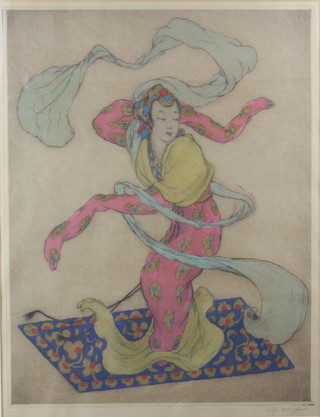 Elyse Ashe Lord, a coloured etching signed in pencil "The Green Scarf" label on verso 18" x 14" 