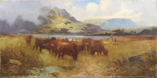 H Calvert, oil, signed, on canvas, highland cattle in an extensive landscape, 12" by 24"