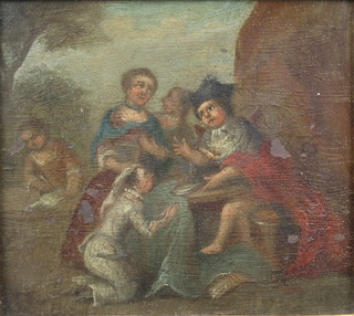 An 19th Century oil on board, Continental cavorting figures in a garden 4 1/2" x 5" 