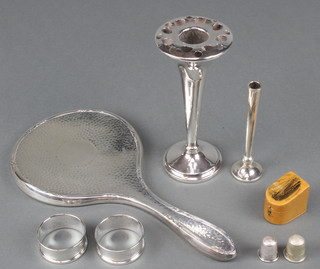 A tapered silver posy vase Birmingham 1979 4", a hand mirror, vase, 2 napkin rings, 2 thimbles and a Mauchline box  
