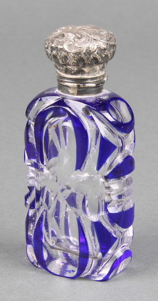 A silver mounted blue flash glass scent bottle 3" 