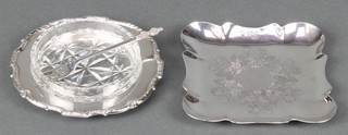 A shaped square dish Sheffield 1959 4" and a cut glass butter dish in a silver mount with fork Birmingham 1969