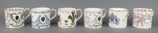 6 Wedgwood commemorative mugs designed by Richard Guyatt Investiture of Prince Charles 1969, The Wedding of HRH Prince of Wales and Lady Diana Spencer 29 July 1981, birth of Prince Henry Charles Albert David 15 September 1984, Marriage of Her Royal Highness Princess Anne to Captain Mark Phillips 14 November 1973, Coronation of Her Majesty Queen Elizabeth II 1953 and Silver Jubilee of Her Majesty QEII 1977