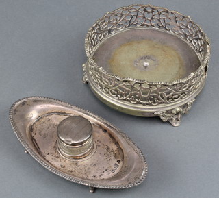A Victorian silver oval ink stand base London 1899, a silver mounted toilet jar and the base of a plated cruet stand, weighable silver 130 grams 