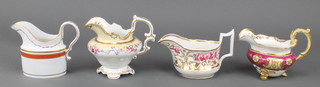 A Copeland and Garrett  cream jug 5", a New Hall ditto with rose and gilt decoration 4", an oval Spode ditto 4", Minton style ditto with gilt and floral decoration 4" 