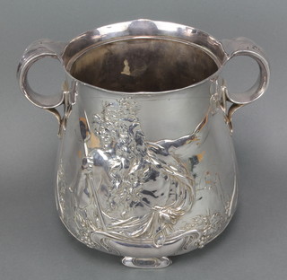 A stylish Art Nouveau repousse silver plated 2 handled jardiniere decorated with Neptune and having a presentation inscription 10" 