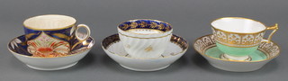 A Grainger Worcester Imari pattern tea cup and saucer, an early 19th Century turquoise and gilt ditto, a 19th Century blue and gilt tea bowl and saucer 