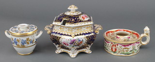 A 19th Century Derby inkwell with floral and gilt decoration 4", a 19th Century 2 handled custard cup and cover with blue and gilt floral decoration, a 19th Century Ridgway style hexagonal tureen cover and stand with blue gilt and floral decoration  