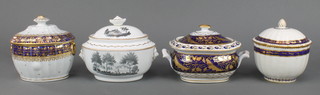 A 19th Century Minton oval sucrier and cover with blue decoration 5", a New Hall ditto with blue and gilt decoration 5", a 19th Century transfer print ditto with country house scene 4" and a 19th Century circular ditto with blue and gilt decoration 4" 