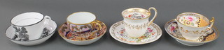 A 19th Century New Hall cup and saucer in the Imari pattern, Coalport ditto of Empire style with exotic birds and flowers, a bute shaped ditto with country house and a Ridgway Imari pattern cup and saucer
