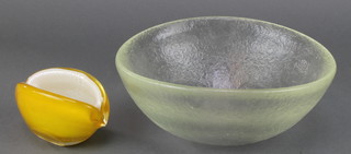 A Studio mottled glass bowl 9", a Studio glass bowl and ball 4" 