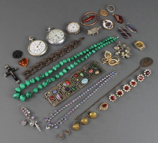 A malachite bead necklace, 3 pocket watches and minor jewellery