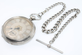 A silver key wind pocket watch with champagne dial and a ditto Albert 