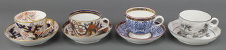 A New Hall black and white transfer tea cup and saucer with country scene, a Worcester lily pattern tea cup and saucer, a New Hall tobacco leaf ditto and a New Hall pattern 446 ditto 