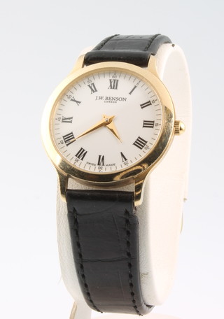 A lady's 9ct yellow gold wristwatch inscribed J W Benson London, on a leather strap 