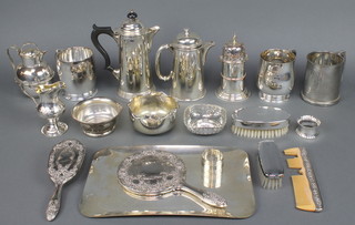 A silver plated Queen Anne style shaker and minor plated items