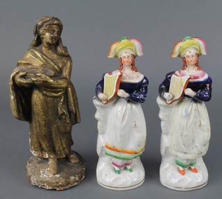 Two Victorian Staffordshire figures of harp players 8 1/2", an Earthenware figure of a classical lady 9 1/2" 