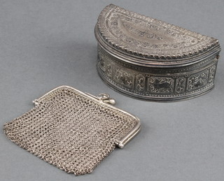 A Persian silver demi-lune box with floral and animal decoration inscribed on the base 3 1/2" together with a silver mesh purse 157 grams