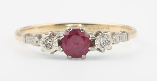 A 9ct yellow gold ruby and diamond 3 stone ring size Q 