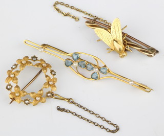 An Edwardian yellow gold bug bar brooch and 2 others, gross 12 grams