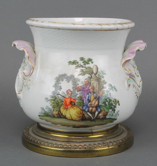 A Dresden jardiniere decorated with musicians in garden settings and fete galant views having scroll handles, applied to a gilt base 10" 