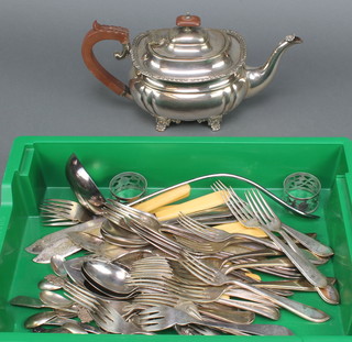 A silver plated oblong teapot and minor plated items 