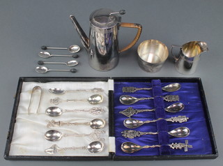 A silver plated coffee pot of tapered form and minor plated items