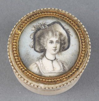 A 19th Century ivory patch box with painted portrait lid 1 1/2" 