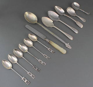 A Victorian silver caddy spoon with shell bowl London 1899 and minor cutlery, weighable silver 180 grams 