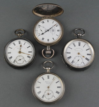 A silver hunter pocket watch with mechanical movement and seconds at 6 o'clock and 3 others 