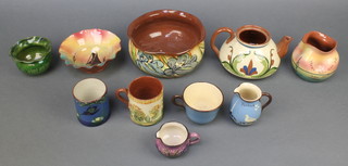 A Torquay bowl decorated with flowers 9", a teapot, 2 jugs, a mug, a cup, 2 vases and a bowl 
