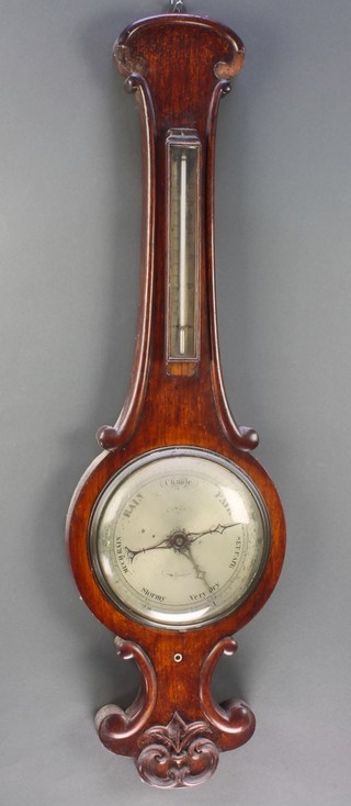 J Vale of Bury St Edmonds, a 19th Century mercury wheel barometer and thermometer with silvered dial contained in a mahogany wheel case 