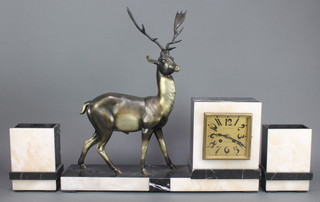 A French Art Deco 2 colour marble clock garniture the striking mantel clock with square gilt dial and Arabic numerals marked Queval-Parenty Boulogne Mer supported by a spelter figure of a standing stag and with side pieces 