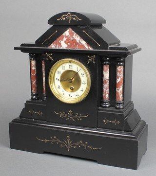 A Victorian French 8 day timepiece with enamelled dial and Arabic numerals contained in a 2 marble architectural case 