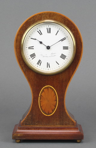 Albert Villon, a bedroom timepiece with enamelled dial and Roman numerals contained in an inlaid mahogany balloon case the dial marked  Sons, Kingston on Thames 