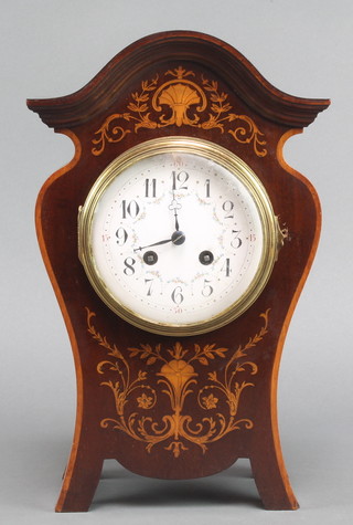 An Edwardian French 8 day striking mantel clock with floral enamelled dial and Arabic numerals contained in a shaped inlaid mahogany case