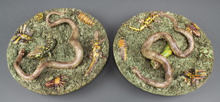 A pair of Portuguese chargers decorated with lizards, snakes, lobsters, snails and frogs 13" 