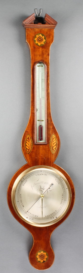 James Arone 94 Old Holborn HIll, a mercury wheel barometer and thermometer with silvered dial contained in an inlaid mahogany case 