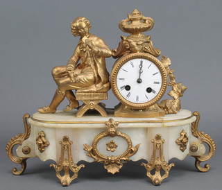 A 19th Century French 8 day striking mantel clock with enamelled dial and Roman numerals contained in a gilt painted spelter case supported by a figure of a seated gentleman with a love letter