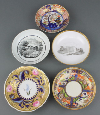 A Coalport Imari pattern saucer 5", a transfer print ditto Nuneham Park 5", a Spode ditto 5", a Spode Imari saucer 5" and a New Hall ditto with floral decoration 5" 