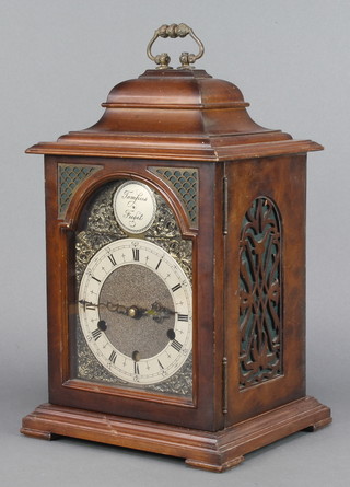 A Georgian style Smiths chiming bracket clock with 5 1/2" gilt dial and silvered chapter ring contained in a walnut case 12" 