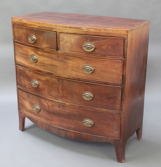 A Georgian mahogany bow front chest of 2 short and 3 long drawers with brass oval plate drop handles, raised on splayed bracket feet 40 1/2"h x 40"w x 20 1/2"d  