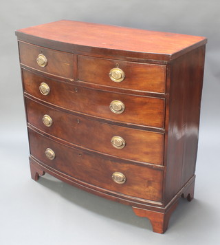 A 19th Century mahogany bow front chest of 2 short and 3 long drawers with brass escutcheons and oval plate handles, raised on bracket feet 41"h x 41 1/2"w x 20 1/2" 