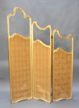 An Edwardian gilt painted wooden 3 fold draft screen highest section 73"h, lowest 55"h x 53 1/2" when open, 19" when closed 